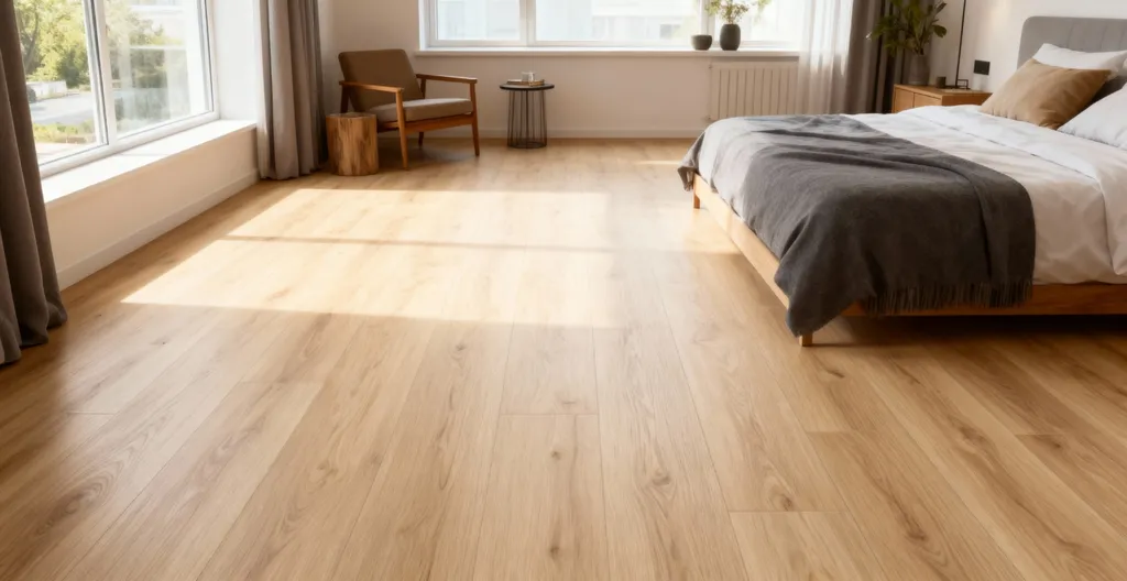 Hier ist ein Ambiente Bild eines hellen Laminatbodens Ahorn zu sehen.