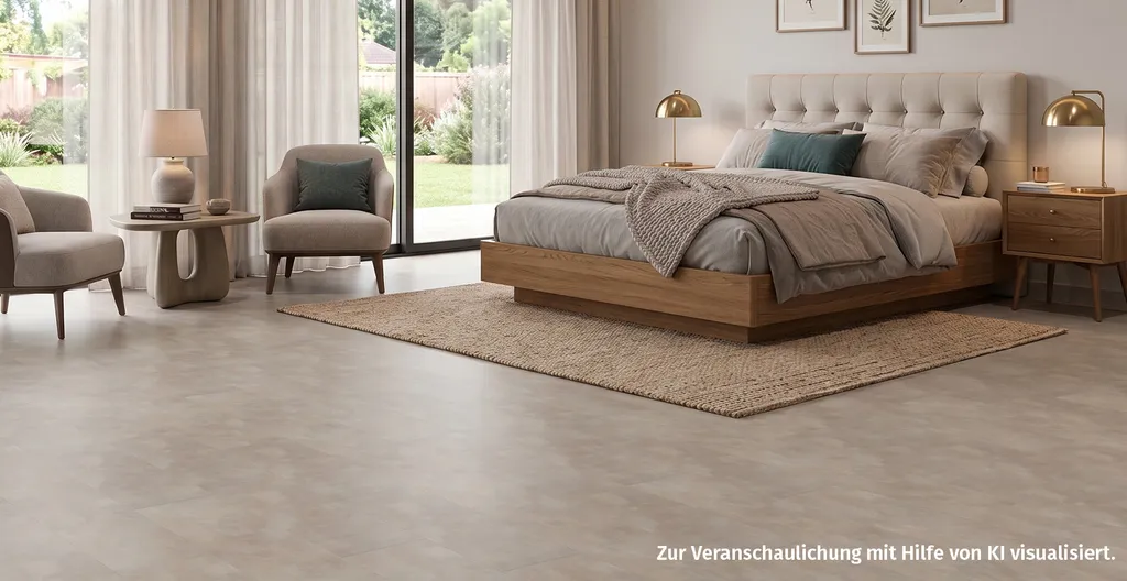 Helles, gemütliches Schlafzimmer mit einem hell beigen Vinylboden in Steinoptik 