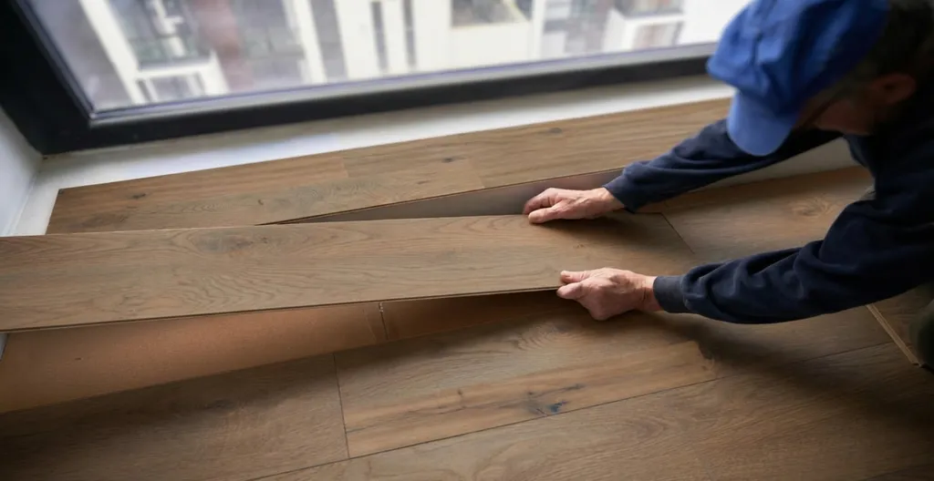 Hier ist ein Verlege Bild eines dunklen Klick-Parkettbodens zu sehen.