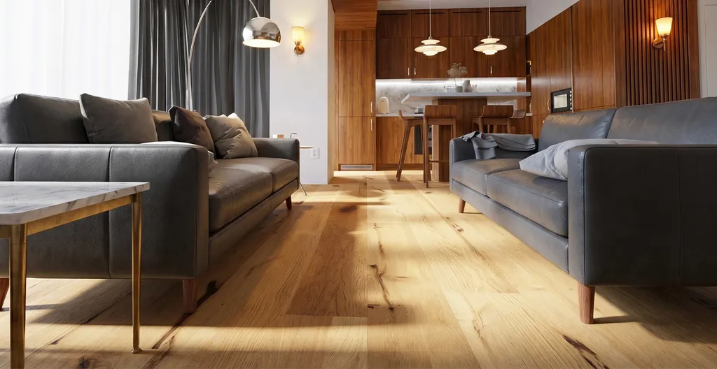 Ein geütliches Wohnzimmer mit einem hellen Parkettboden eiche Landhausdiele