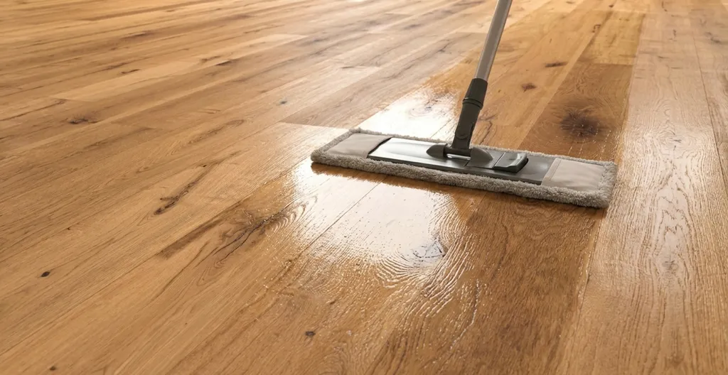 Ein Wischmob der über einen hellen eiche Parkettboden wischt.