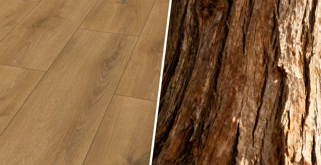 Auf dem Bild ist auf der hälfte des Bildes ein mittel heller Boden in Holzoptik Eiche zusehen . Auf der anderen Seite ist die Struktur eines Baumes zu sehen.