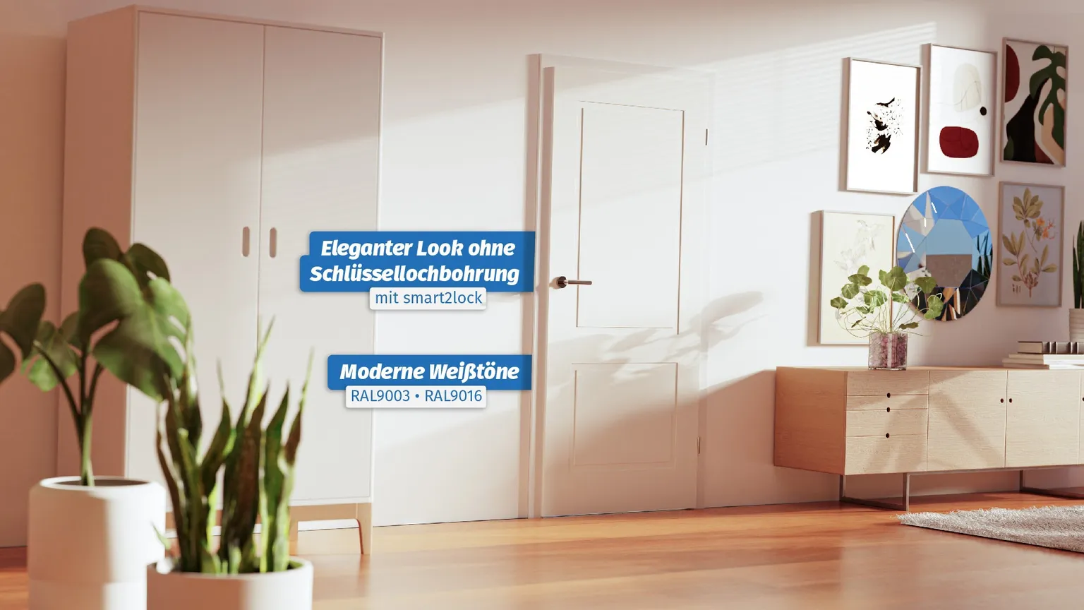 Tür ohne Schlüsselloch und Schrift, die die Vorteile aufzeigt