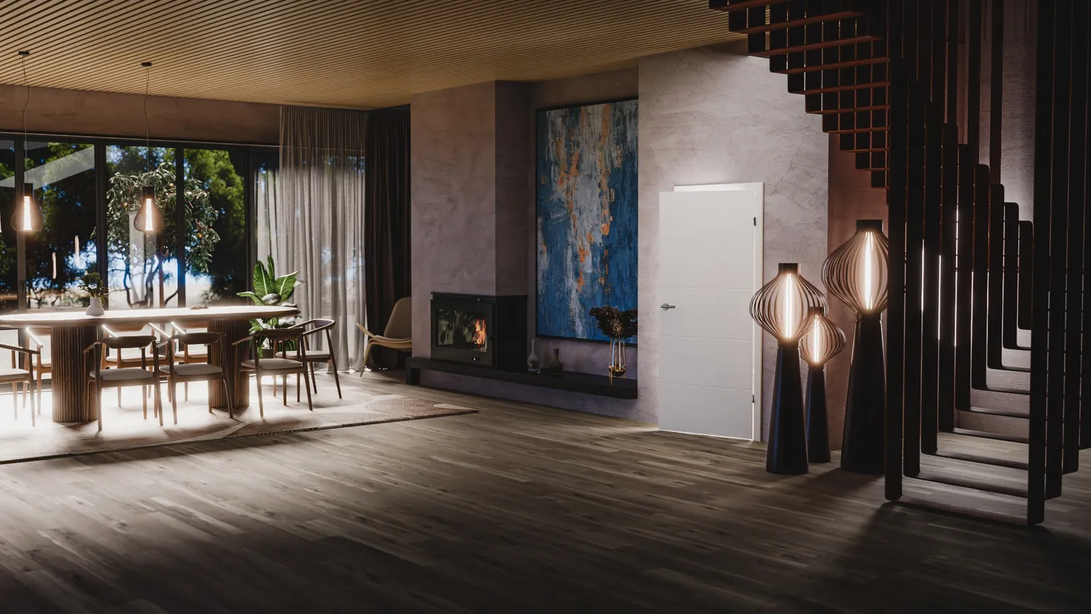 Ambientebild von offenem Wohnbereich mit Weißlacktür 