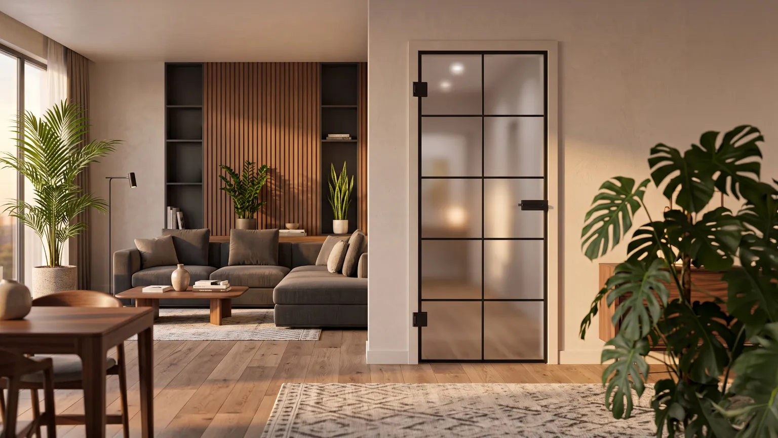 Moderne Lofttür aus Glas mit schwarzem Metallrahmen im Industrial-Stil, eingebaut in ein stilvoll eingerichtetes Wohnzimmer mit Holzelementen, grauem Ecksofa und Zimmerpflanzen.