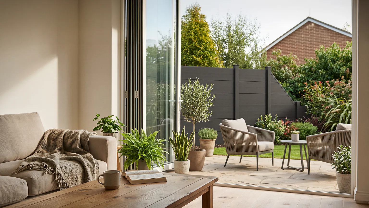 Wohnzimmer mit Blick auf Garten, in dem ein WPC Zaun steht 