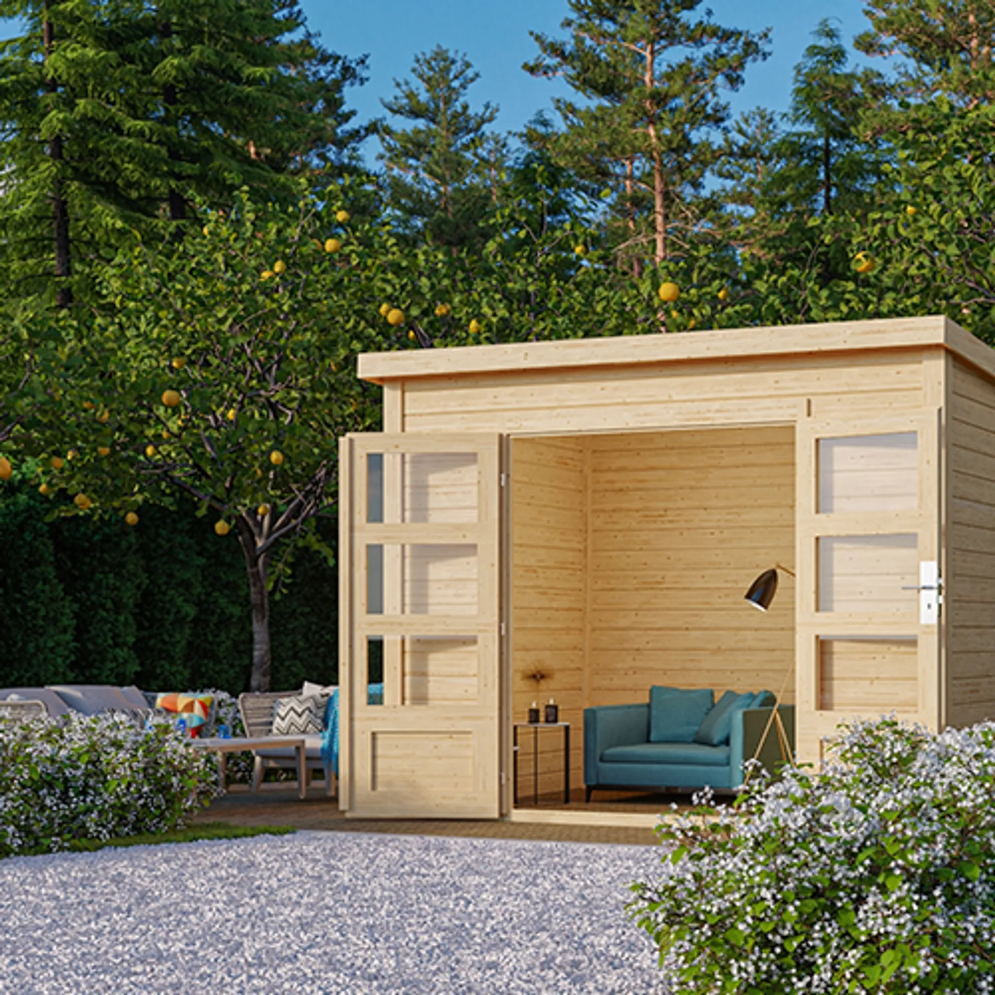 Gartenhaus aus Holz mit Einrichtung