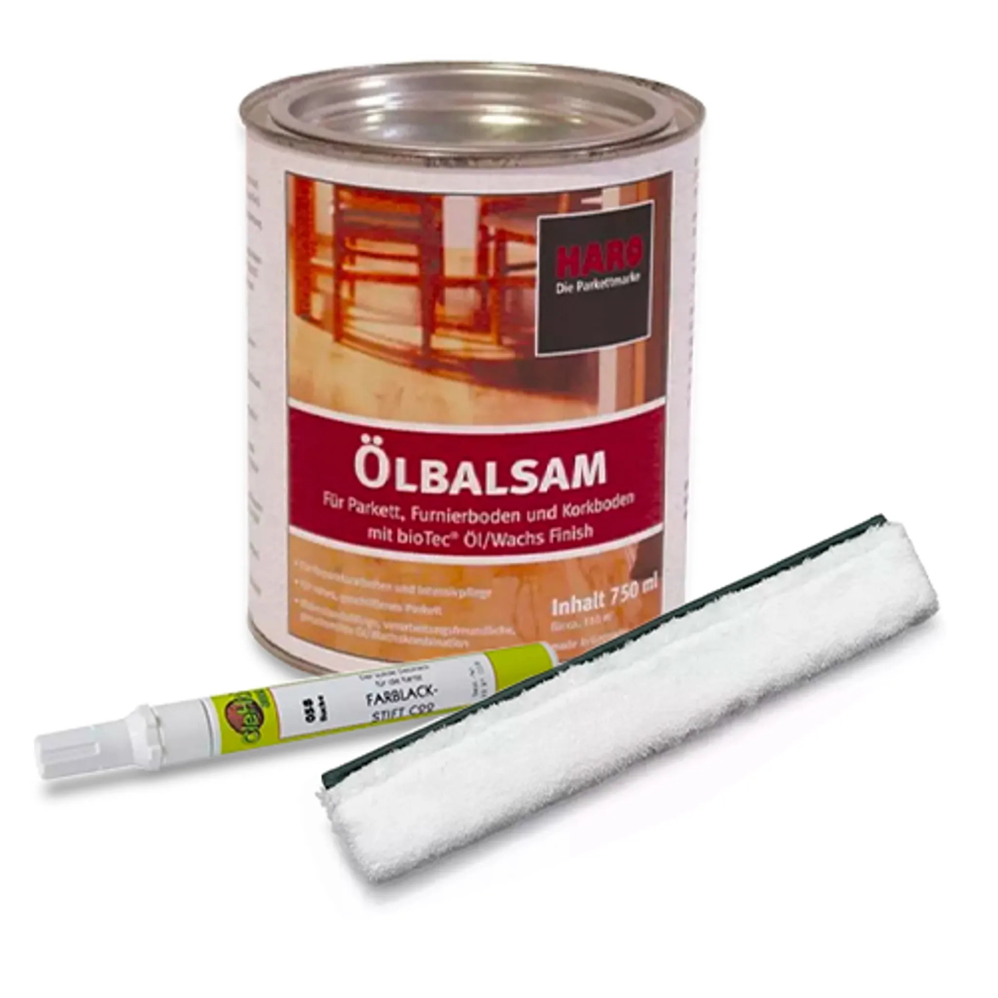 Pflegeset mit Holzöl und Farblackstift und Wischwiesel