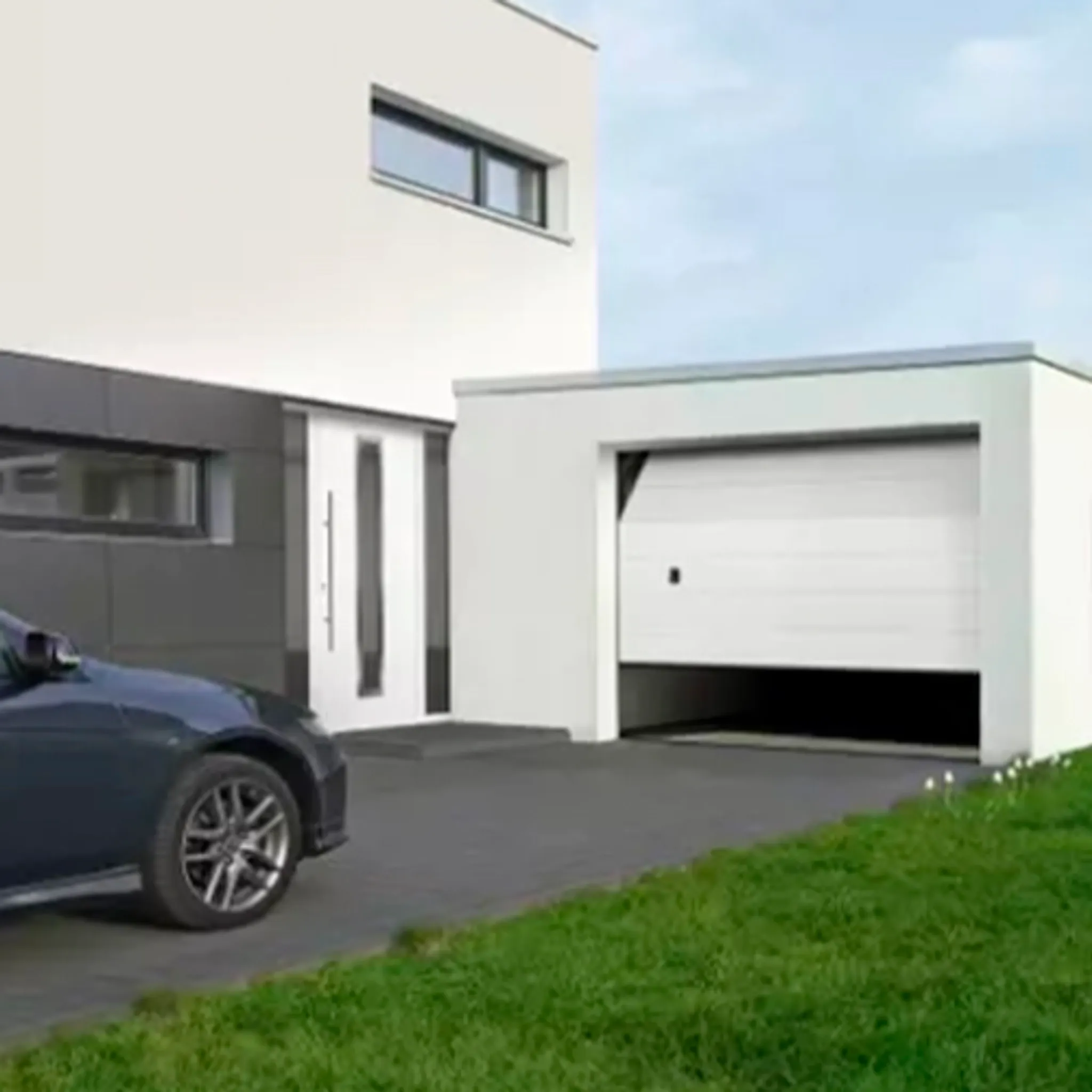 Hauseinfahrt mit halb geöffneter Garage 