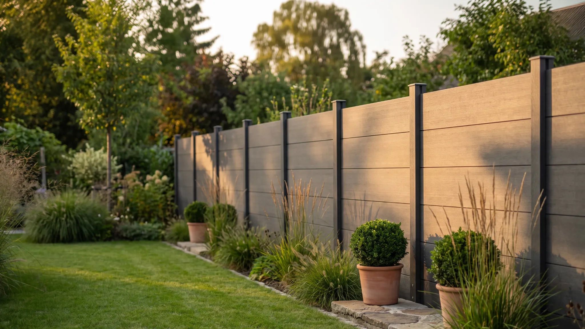 Moderne, graue WPC-Zaunelemente im Abendlicht, die einen gepflegten Garten mit grünem Rasen, Bäumen und Bepflanzung in Tontöpfen begrenzen.