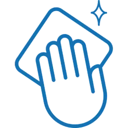 Hier ist eine Hand mit einem Lappen zu sehen. Dieses Symbol soll für Pflegeleichtigkeit des Bodens stehen.