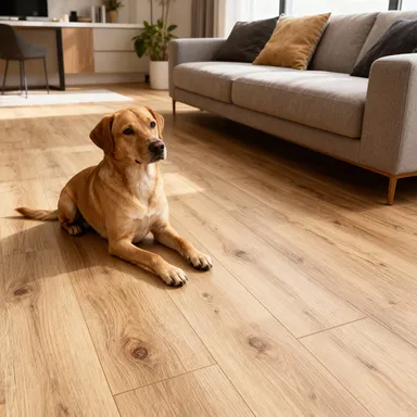 Hier siehst du ein Ambiente Bild eines hellen Laminatbodens Landhausdiele Eiche.