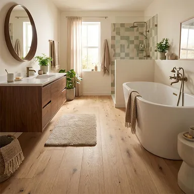 Ein helles, warmes Badezimmer mit einem hellen Lamiunatboden.