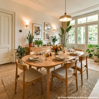 Ein heller, Lichtdurchflutendes Esszimmer mit einem hellen Parkettboden