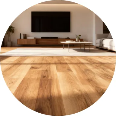 Hier ist ein Ambiente Bild eines hellen Laminatbodens Nussbaum zu sehen.