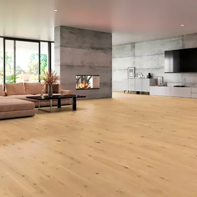 weitläufiges Wohnzimmer mit hellem Parkett