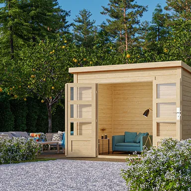 Gartenhaus aus Holz mit Einrichtung