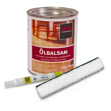 Pflegeset mit Holzöl und Farblackstift und Wischwiesel