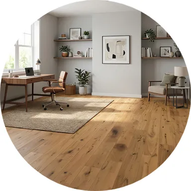 Hier ist ein Ambiente Bild eines hellen Parkettbodens Eiche Echtholz zu sehen.