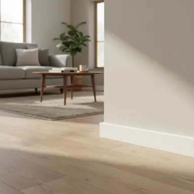 Hier ist ein modernes, gemütliches Wohnzimmer mit einer eingebauten weißen Sockelleiste zu sehen.