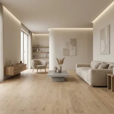 Hier ist ein Ambiente Bild eines hellen Parkettbodens Landhausdiele zu sehen.