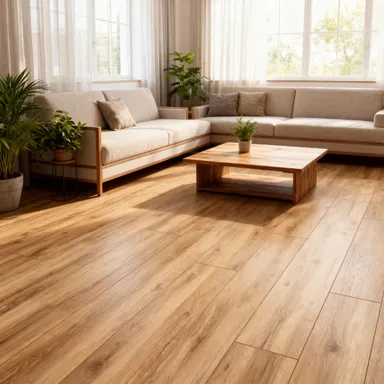 Hier ist ein Ambiente Bild eines dunklen Laminatbodens zu sehen.