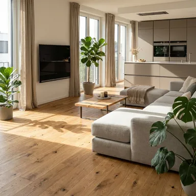 Hier ist ein Ambiente Bild eins hellen Parkettbodens Eiche zu sehen.