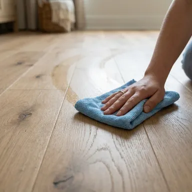 Hier ist ein Pflegebild eines hellen Fertigparkettbodens zu sehen.