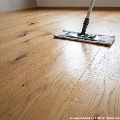 Ein Pflegebild mit einem hellen Parkettboden