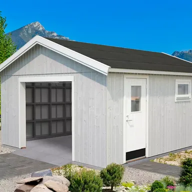 Hell-graue Holzgarage mit Satteldach