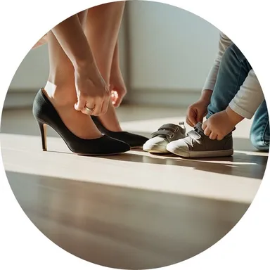 Mutter und Kind ziehen sich ihre Schuhe auf einem hellen Laminatboden an