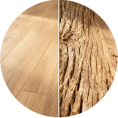 Hier ist ein Bild eines hellen Laminatbodens. Auf der einen Hälfte sieht man den Boden, auf der anderen die Holzoptik eines Baumes 