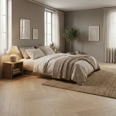 Hier ist ein Ambiente Bild eines hellen Parkettbodens in Fischgrätoptik zu sehen.