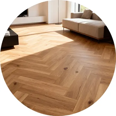 Hier ist ein Ambiente Bild eines mittel hellen Laminatbodens Fischgräte Eiche zu sehen. 