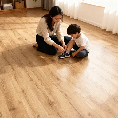 Hier siehst du ein Ambiente Bild eines hellen Laminatbodens Landhausdiele Eiche.