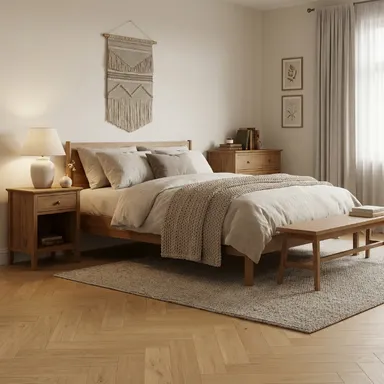 Hier ist ein Ambiente Bild eines hellen Parkettbodens in Fischgrätoptik zu sehen.