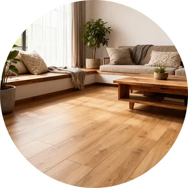 Hier ist ein Ambiente Bild eines dunklen Laminatbodens Holzoptik Eiche zu sehen. 