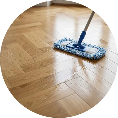 Hier ist ein Pflegebild eines hellen Parkettbodens in Fischgrätoptik zu sehen.