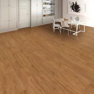 Esszimmer mit Designboden und weißer Sitzgruppe