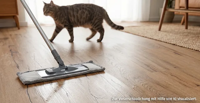 Ein Wischmobb der einen hellen Vinylboden in Holzoptik wischt.