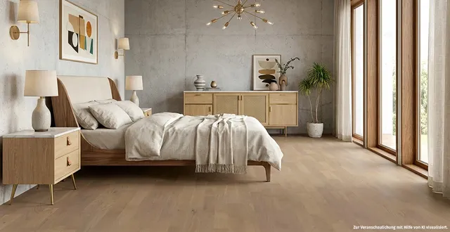 Ein helles Schlafzimmer mit einem matt lackierten Parkettboden Eiche Schiffsboden 