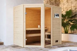 Woodfeeling Massivholz-Sauna Jada Eckeinstieg 38 mm 0