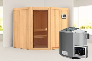 Woodfeeling Massivholz-Sauna Kotka Eckeinstieg 68 mm 0