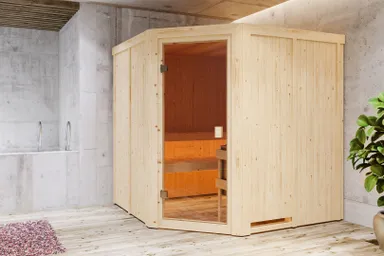 Woodfeeling Massivholz-Sauna Kotka Eckeinstieg 68 mm 0