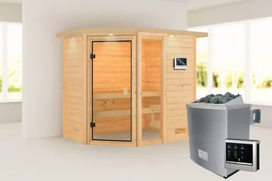 Woodfeeling Massivholz-Sauna Jada Eckeinstieg 38 mm 0