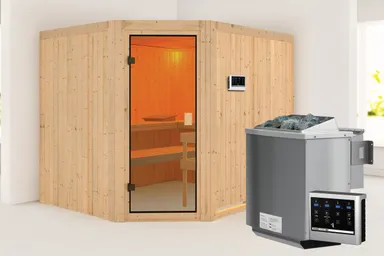 Woodfeeling Massivholz-Sauna Horna Eckeinstieg 68 mm 0