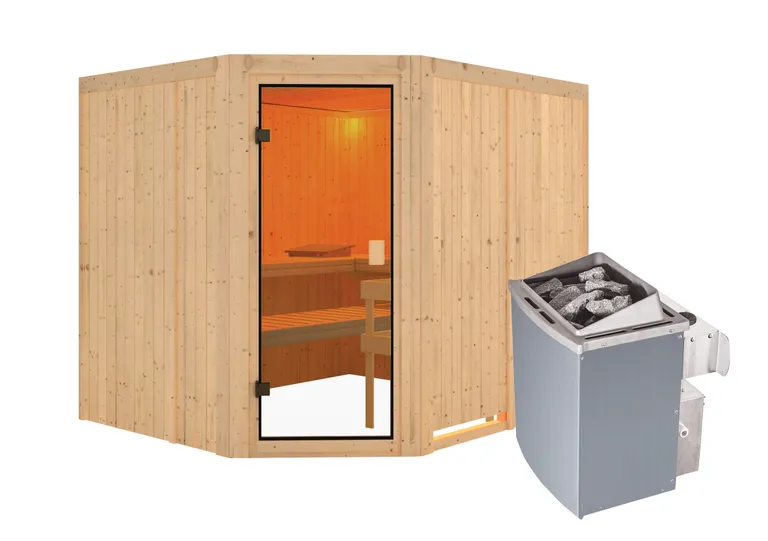 Woodfeeling Massivholz-Sauna Horna Eckeinstieg 68 mm 2