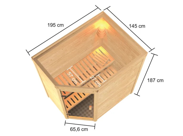 Woodfeeling Massivholz-Sauna Jella Eckeinstieg 38 mm 2