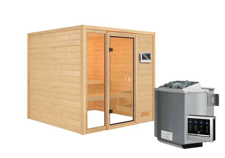 Woodfeeling Massivholz-Sauna Jutta Fronteinstieg 38 mm 2