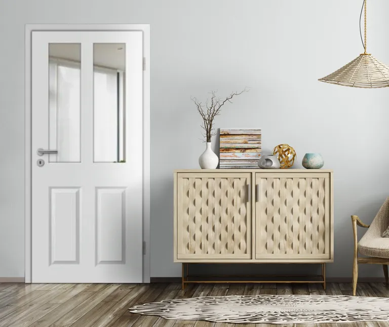 HORI Zimmertür Estella 4 Weißlack RAL9010 mit Lichtausschnitt Röhrenspan Rundkante Komplettset 1